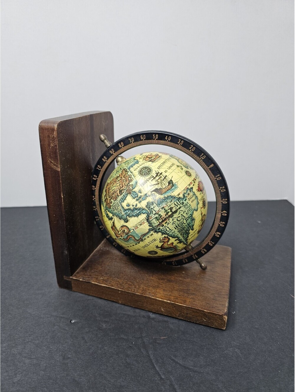 Vintage Old World Globe Single Bookend Wood Rotating Decor
